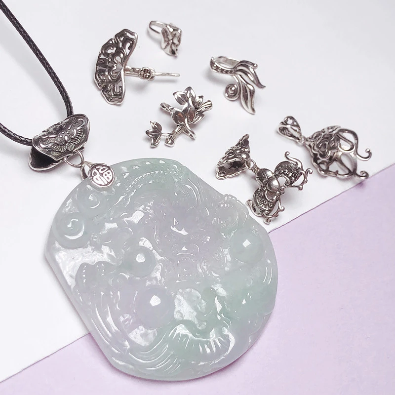 925银银制品 玉吊坠扣头复古扣头玉挂件扣diy项坠卡扣玉牌方牌扣