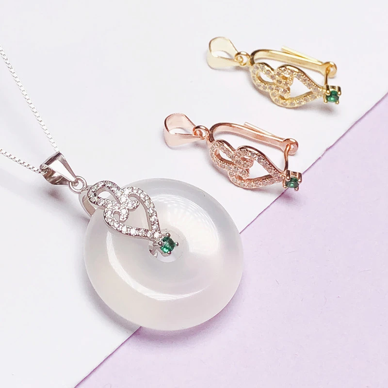 925银银制品 镶嵌16平安扣空托夹扣玉吊坠扣头diy项坠挂件银卡扣