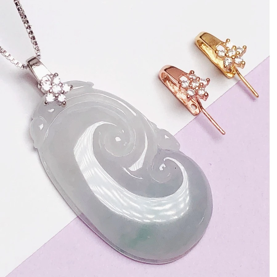 925银银制品 如意吊坠夹扣玉牌无事牌扣头diy镶嵌项坠挂件银卡扣