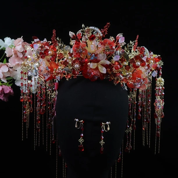 8624 婚嫁饰品 新娘新款头饰红色大气气质大方结婚婚礼简单流苏