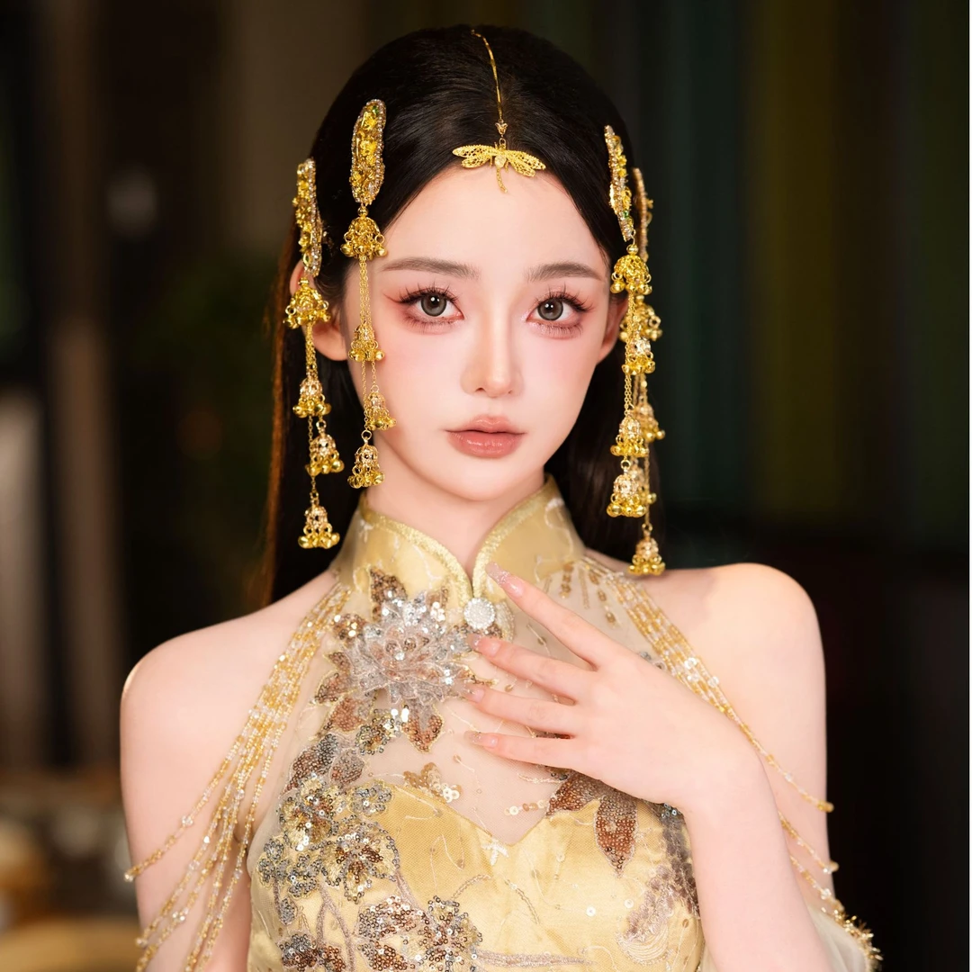 2787新款金色发夹流苏头饰新娘结婚晨袍礼服简约实用影楼出片