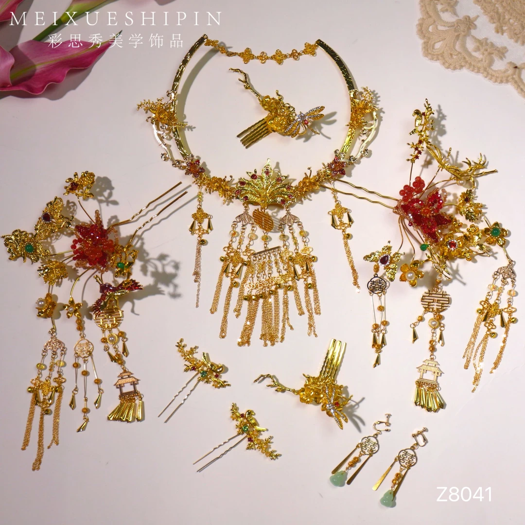 Z8041中式婚礼秀禾红色头饰金色发簪秀禾龙凤褂古风汉服新娘头饰