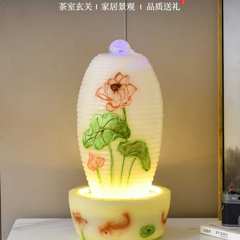 花瓶喷泉加湿装饰树脂古典中国风荷缘流水家居摆件工艺品摆件