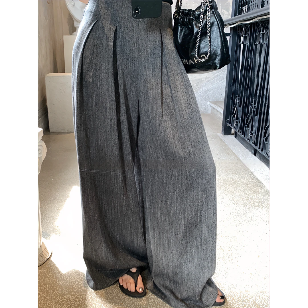 早秋新款时尚垂坠感宽松阔腿打褶西裤高腰显瘦拖地休闲长裤