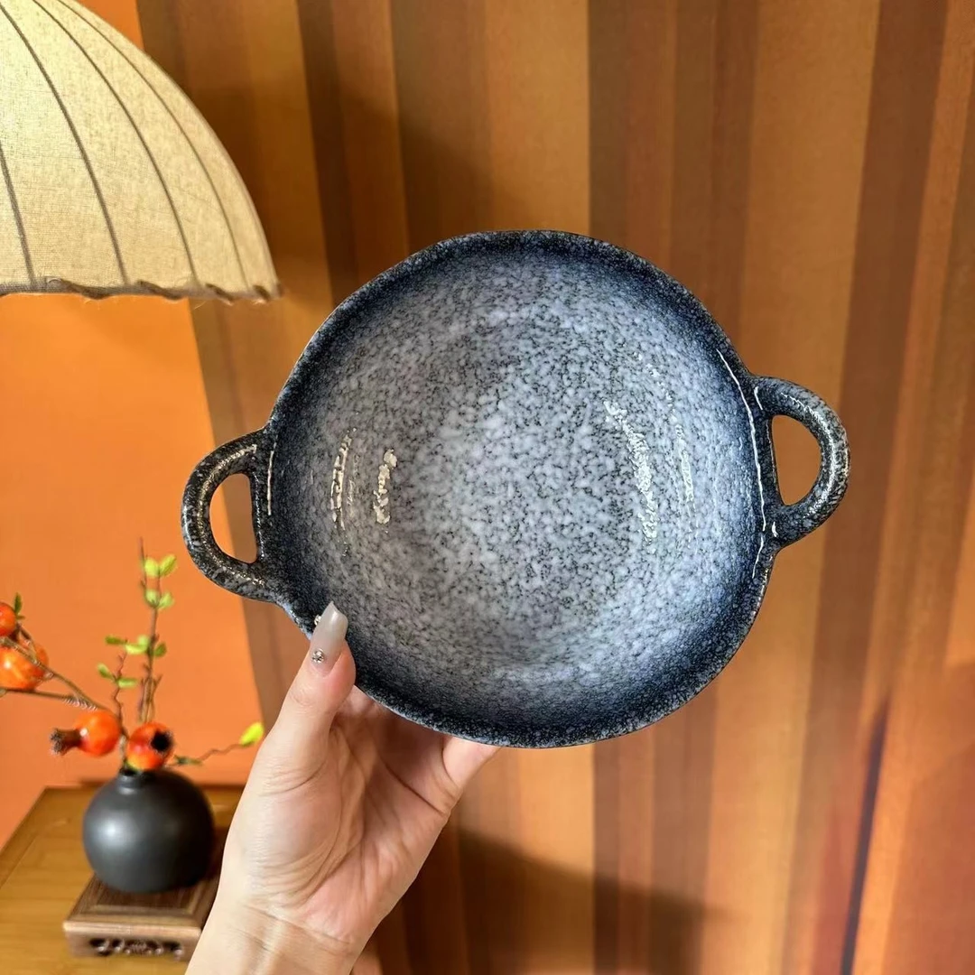 8寸双耳石锅碗蓝色不规则双耳碗家用陶瓷沙拉碗汤碗面碗吃饭碗具