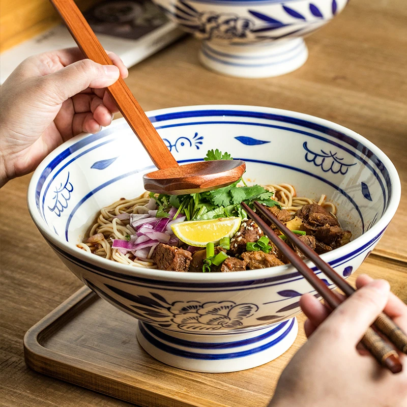 陶瓷青花高足拉面碗大容量牛肉面羊肉汤碗螺蛳粉碗釉下彩商用面碗