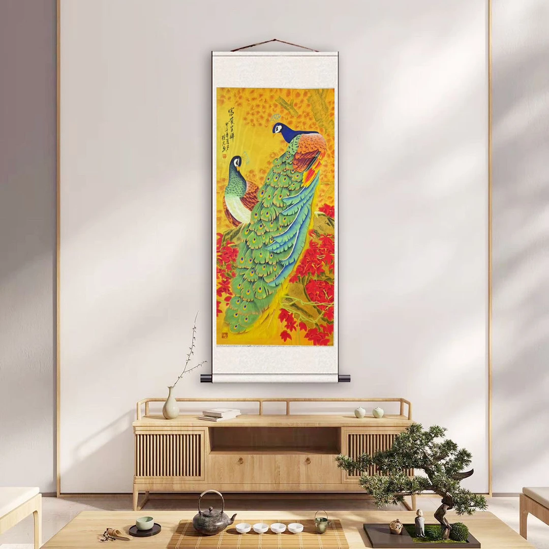 【闪购链接】三尺孔雀《富贵呈祥》精品卷轴装裱装饰画