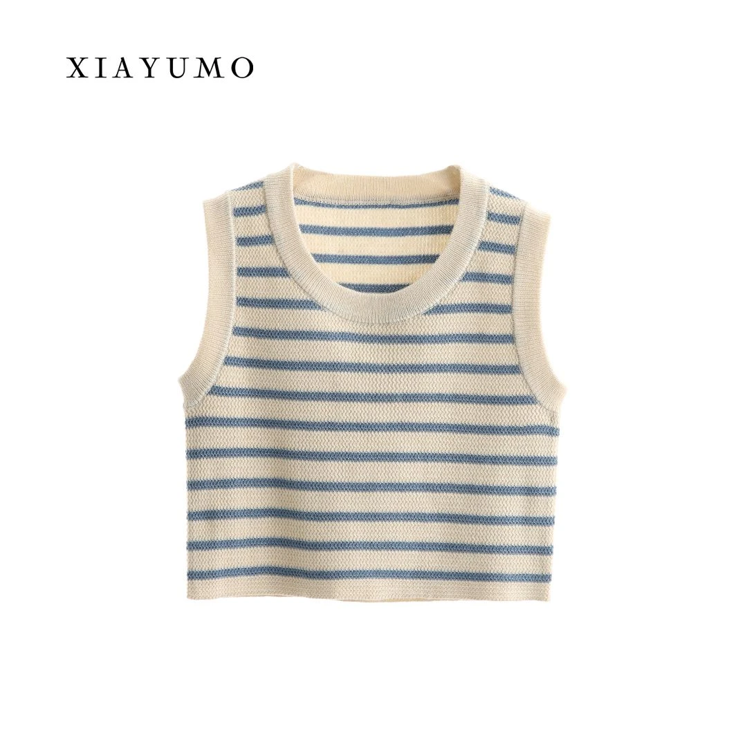夏羽墨女童春夏新款蓝色条纹针织T恤甜美套头T恤