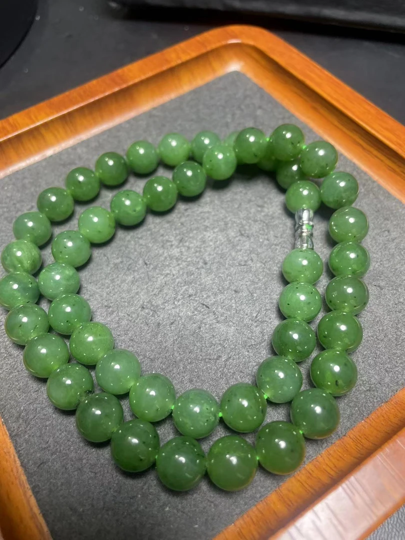 天然和田玉俄碧老料卡6圆珠女神颈链