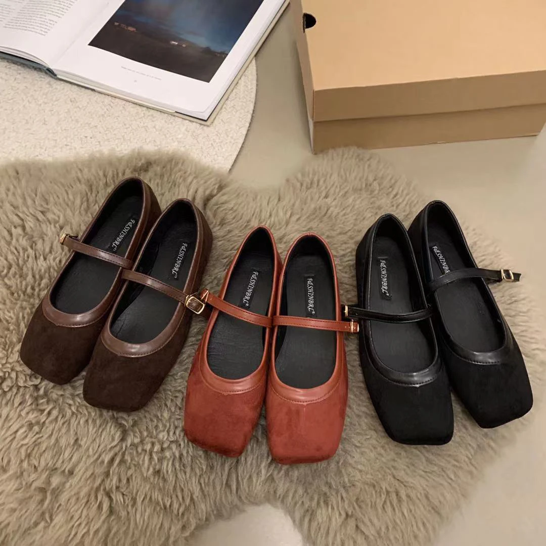 VEEFSHOW 388-7 玛丽珍鞋复古绒面赫本风黑色低跟鞋浅口粗跟单鞋