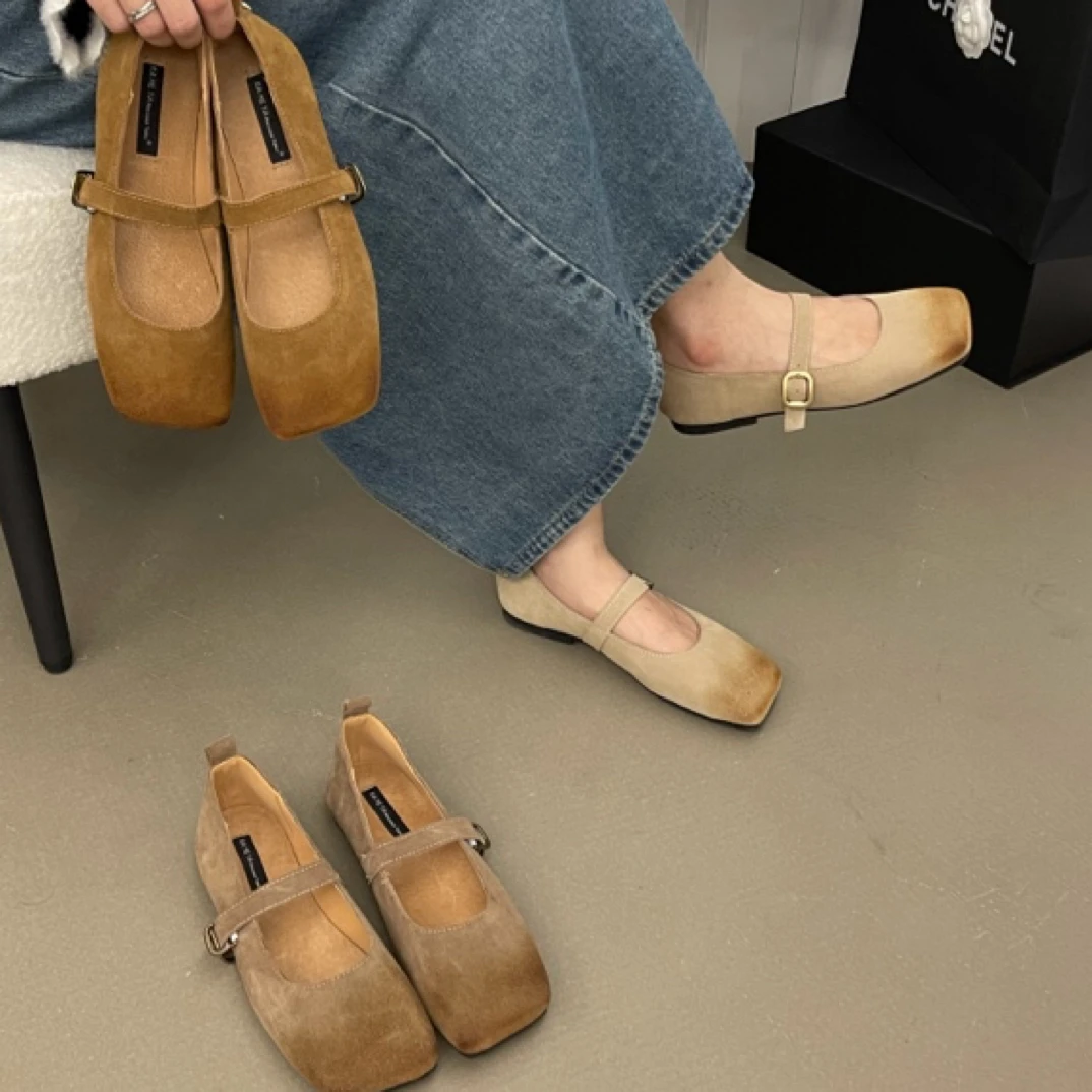 VEEFSHOW 577-2 法式单鞋女2024秋浅口方头复古文艺平底玛丽珍鞋