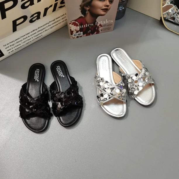VEEFSHOW W-01 2024年夏季新款平底银色亮片交叉凉拖鞋仙女风女鞋