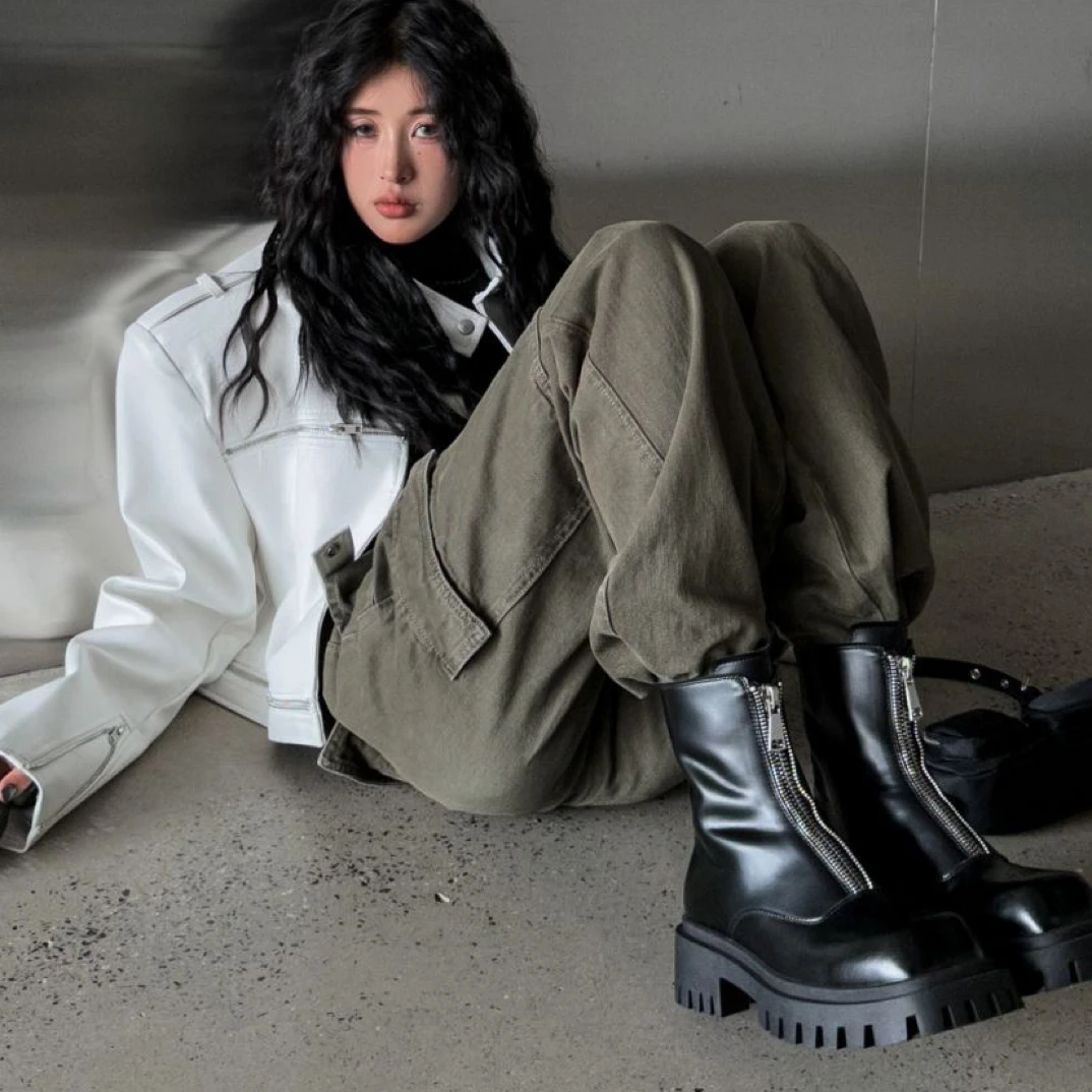 VEEFSHOW 880-2 【跟高5厘米】单里酷帅马丁靴前拉链方头靴短筒靴