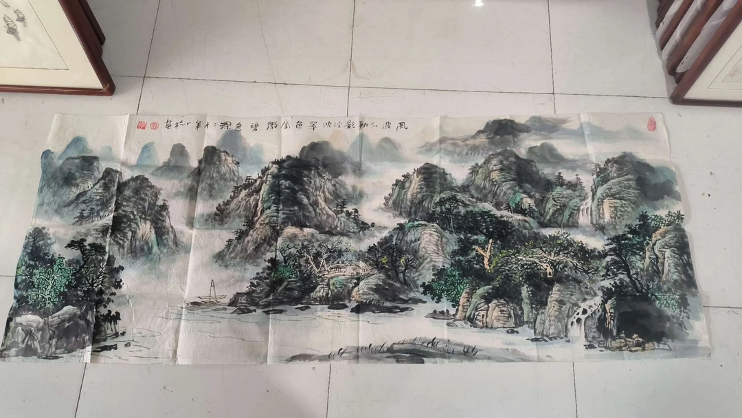 青绿山水画，客厅家居挂画