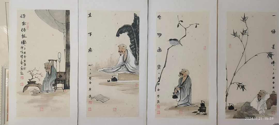 禅斋待友，一悟是佛，小品人物画，寒隐作品，四条屏