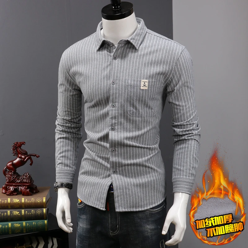 冬季衬衫男长袖加绒加厚发热衣修身条纹磨毛上衣秋冬款休闲外套