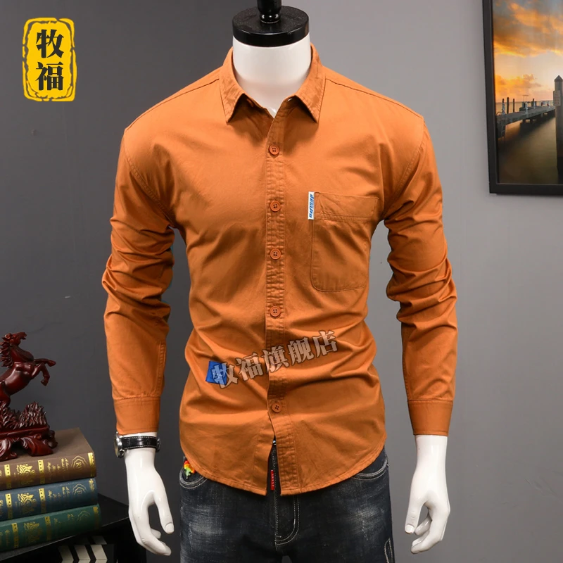 春秋季衬衫男长袖全棉修身痞帅高级感纯色衬衣日系休闲港风上衣潮