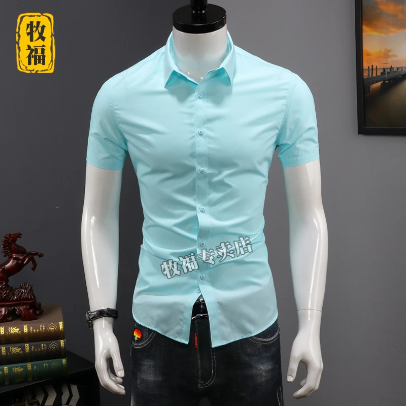 夏季薄款衬衫男短袖修身免烫休闲纯色白寸衫商务正装男士冰丝衬衣