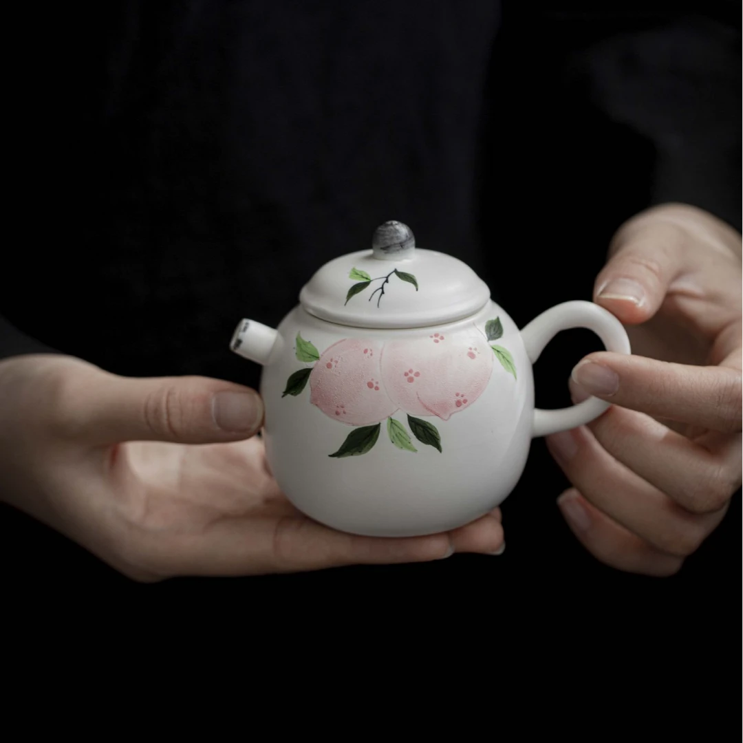 茶小洋粉引手绘桃子茶壶泡茶壶功夫茶具家用陶瓷球孔过滤手执壶