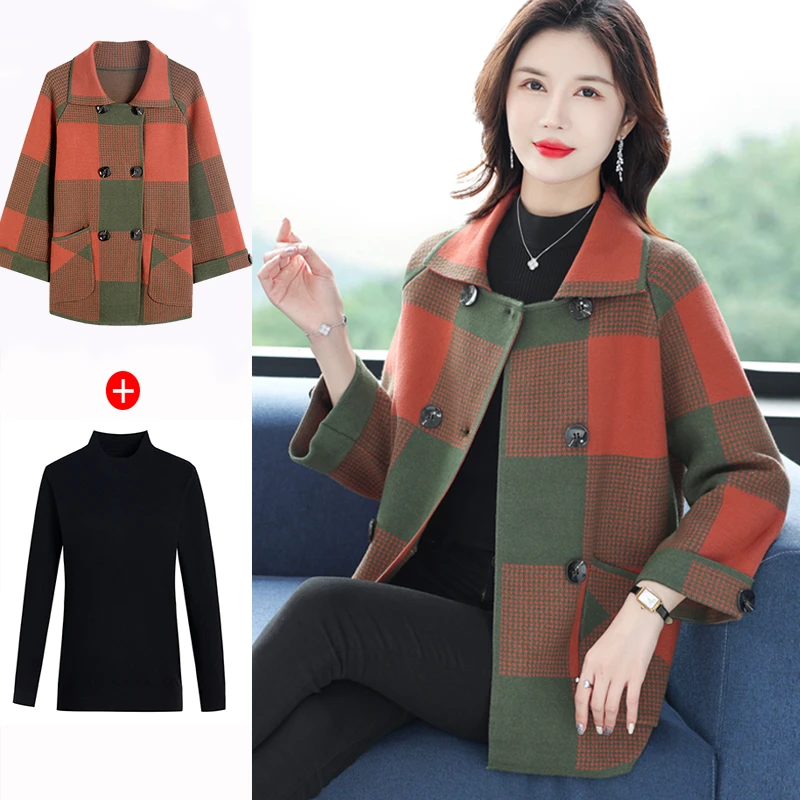 妈妈装遮肚子外套时尚洋气高贵4050-60岁中老年宽松春秋格子大衣