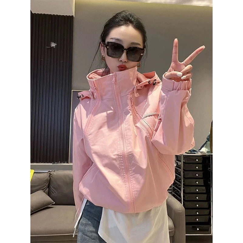 欧货粉色女装长袖短外套女2024春季新款三个拉链设计感显瘦上衣潮