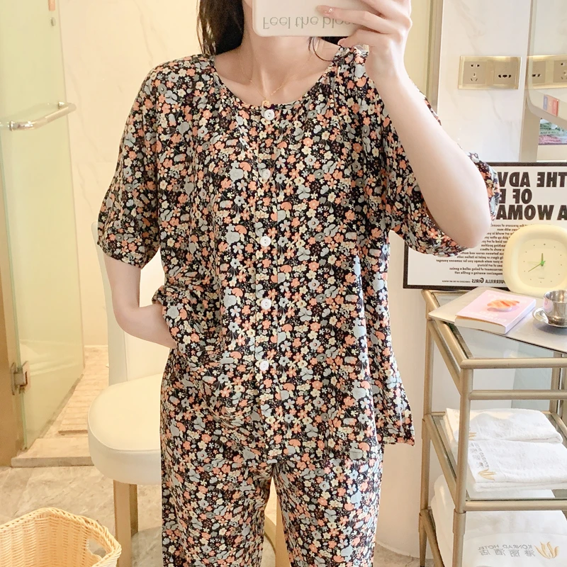 2024棉绸睡衣女夏季短袖长裤薄款套装人造棉甜美凉感绵绸家居服夏