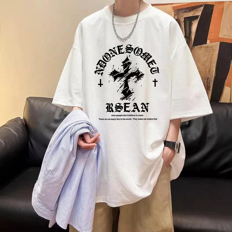 华夫格t恤美式男款高级感潮牌短袖夏季十字架个性痞帅半截袖体恤