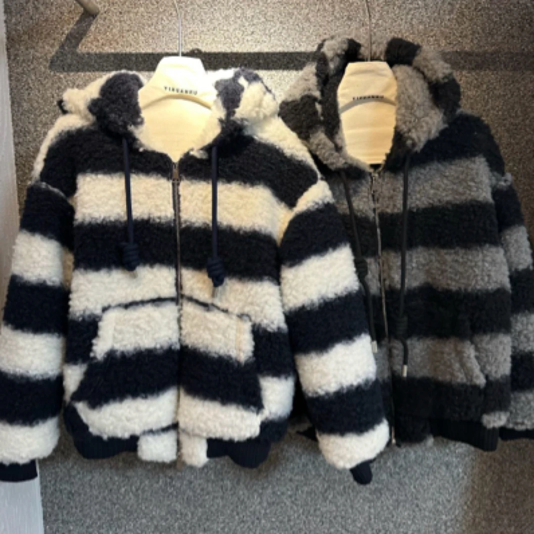 2024冬季新款条纹撞色颗粒绒加厚宽松连帽外套