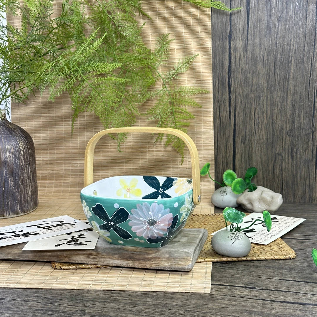 濑户烧陶瓷果盘家用果篮釉下彩日式客厅茶几零食干果收纳手提篮