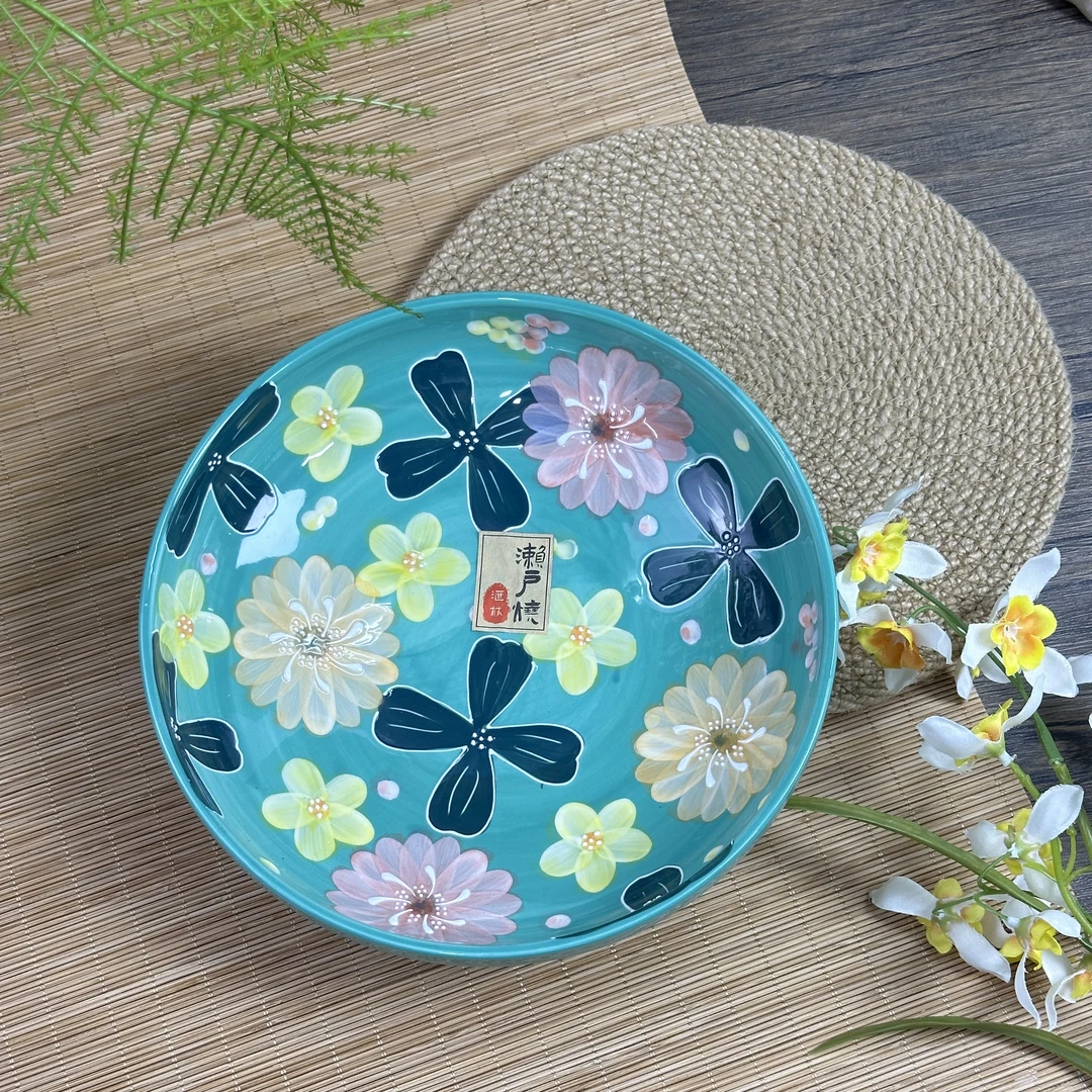 濑户烧陶瓷菜盘高脚餐盘高温釉下彩盘子手绘汤碗高脚8寸圆形果盘