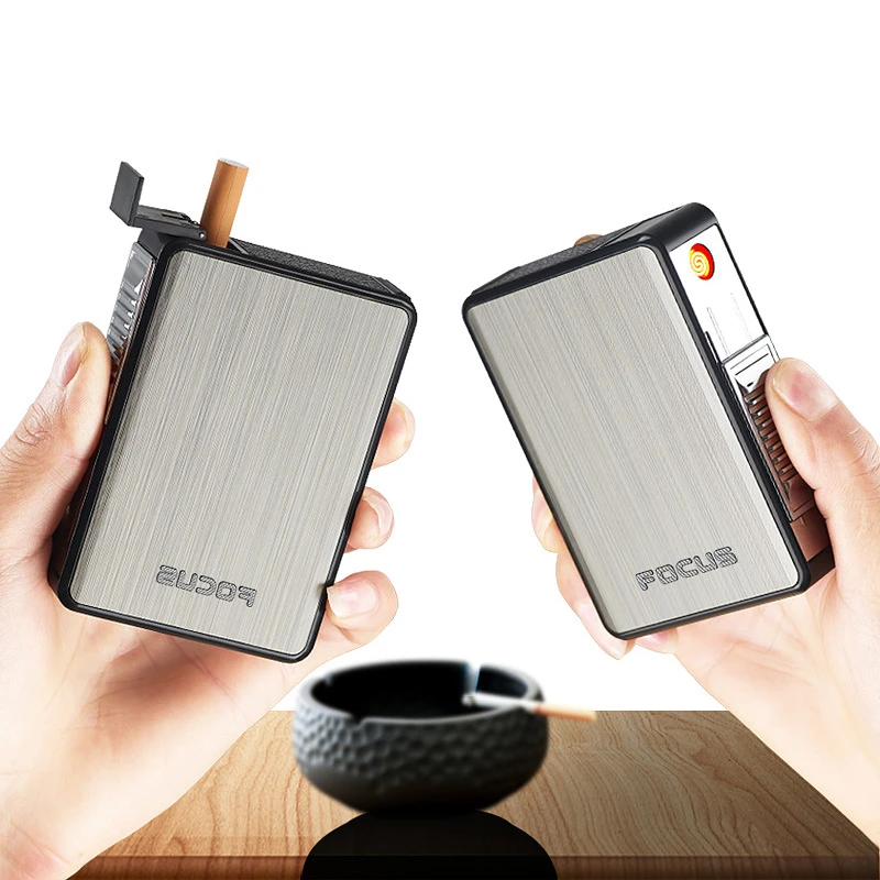 淘器 20支男士粗香菸充电自动弹菸菸盒防风钨丝打火机