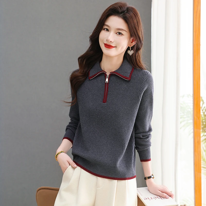 翻领针织打底衫女秋冬2025新款女装爆款时尚减龄洋气内搭灰色毛衣