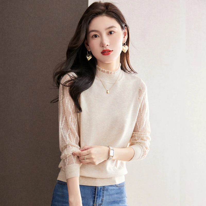 蕾丝半高领打底衫秋装2025新款女装上衣宽松高级感镂空针织衫长袖