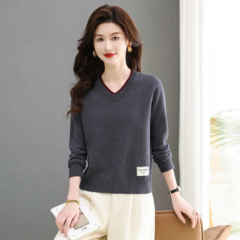v领针织打底衫女秋冬2025新款女装宽松灰色内搭鸡心领毛衣洋气