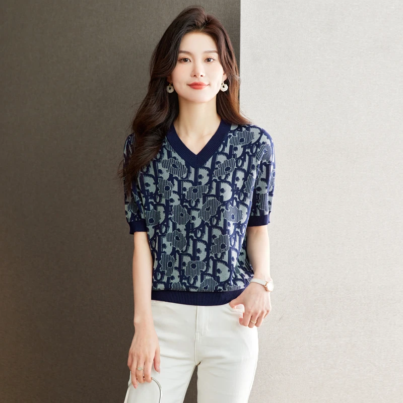 天丝v领短袖t恤女夏装2025新款女装显瘦时尚宽松遮肚上衣洋气薄款