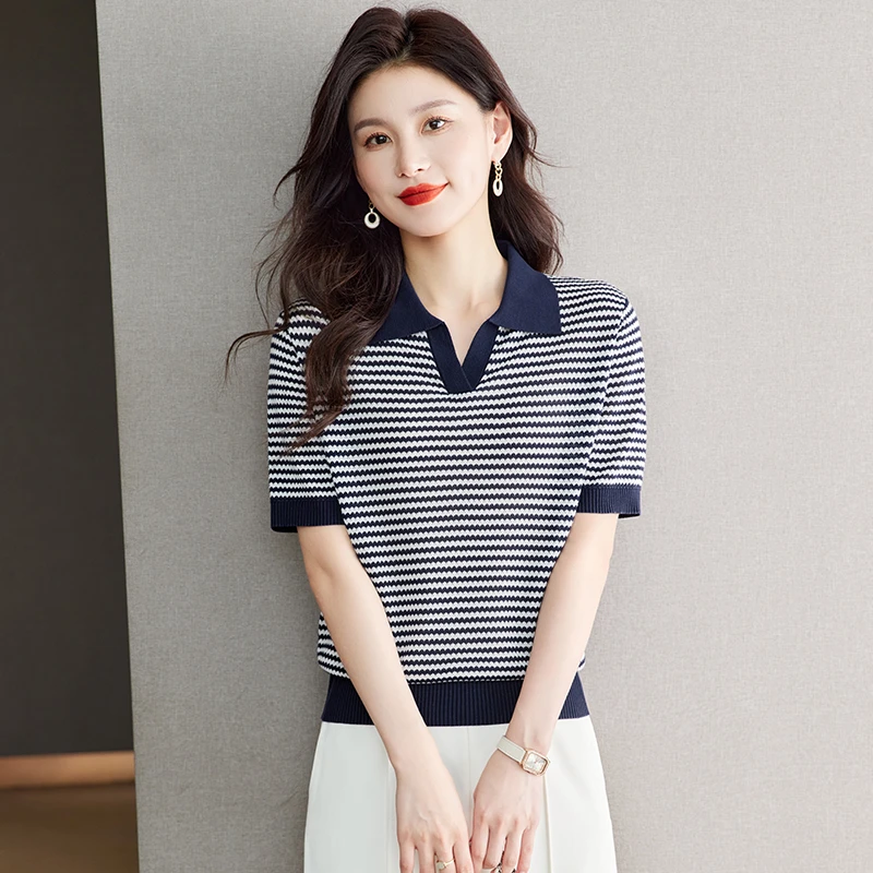 翻领天丝短袖t恤女夏装2025新款气质宽松遮肚子条纹时尚上衣显瘦