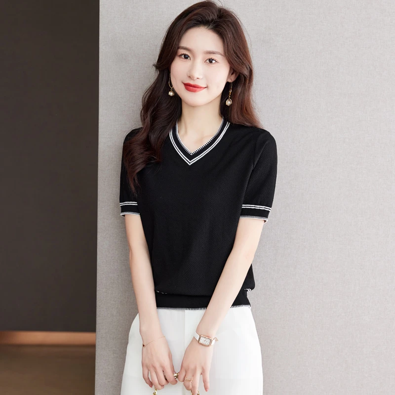 v领短袖t恤女士夏装2025新款女装爆款百搭洋气夏季天丝上衣薄款