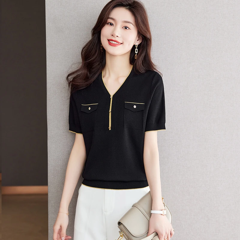 小香风黑色天丝v领短袖t恤女夏装大码宽松遮肚子气质薄款针织上衣