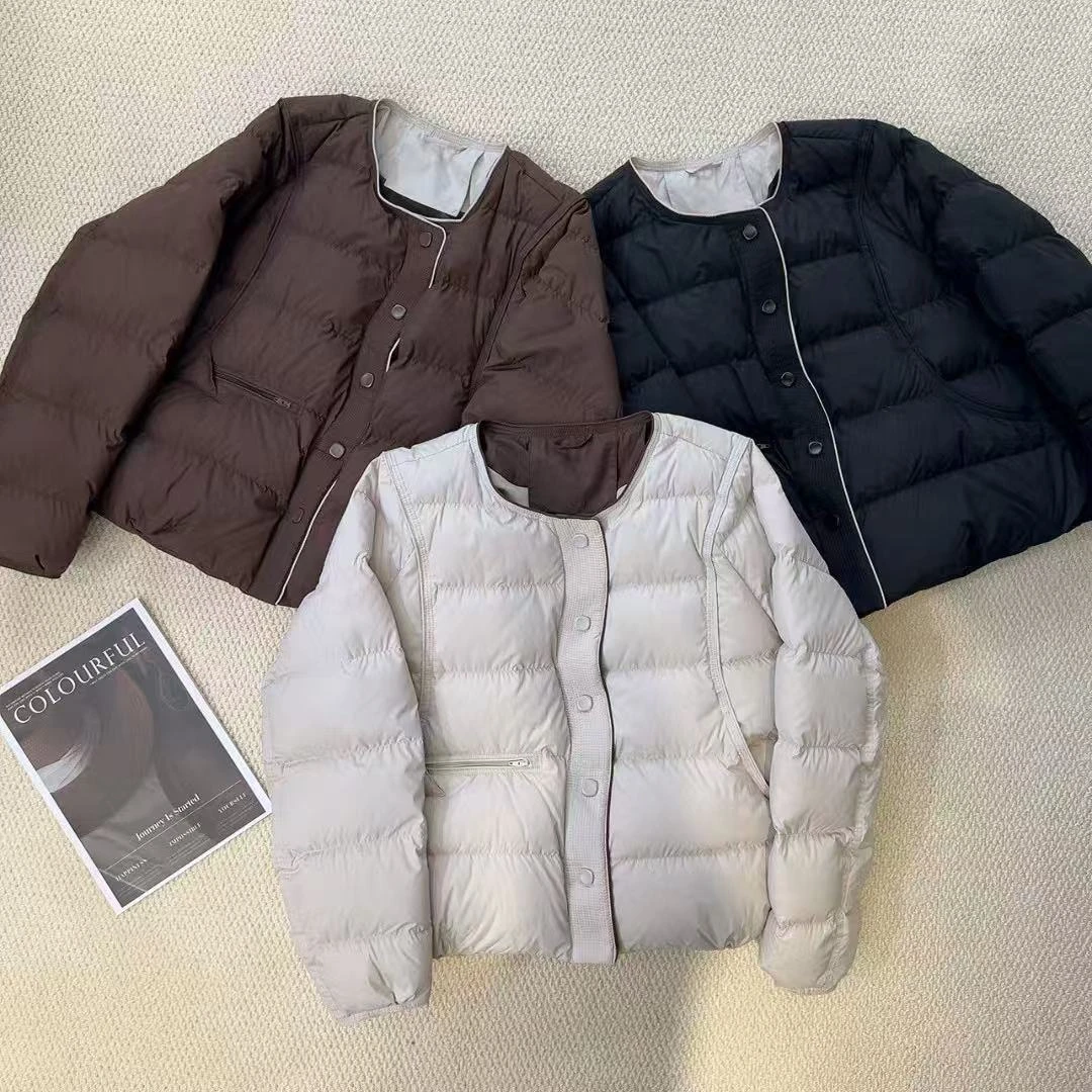 QC 242246冬款短款羽绒服圆领撞色宽松纯色外套