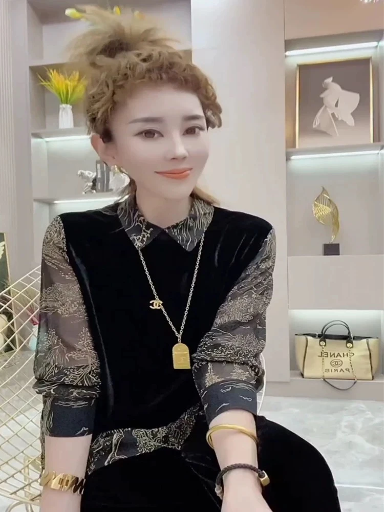 女士丝绒拼接衬衫