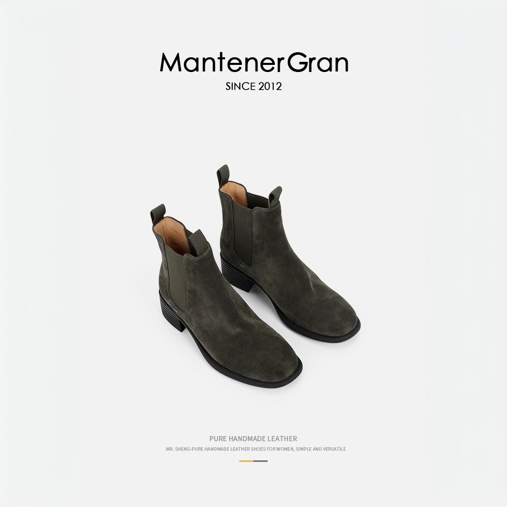 MG·牛反绒面尖头短靴子秋冬单靴女粗跟一脚蹬切尔西靴