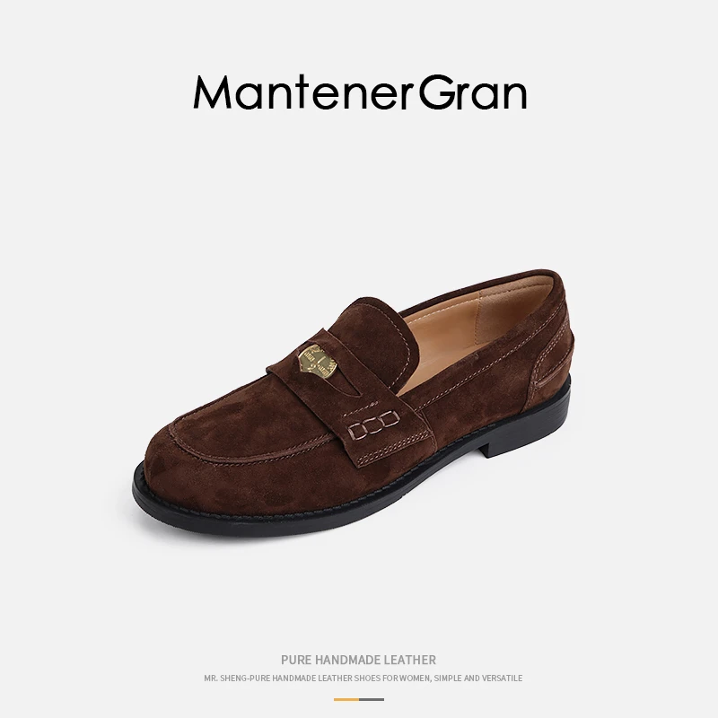 Mantener Gran乐福鞋女一脚蹬复古金币单鞋英伦小皮鞋绒面