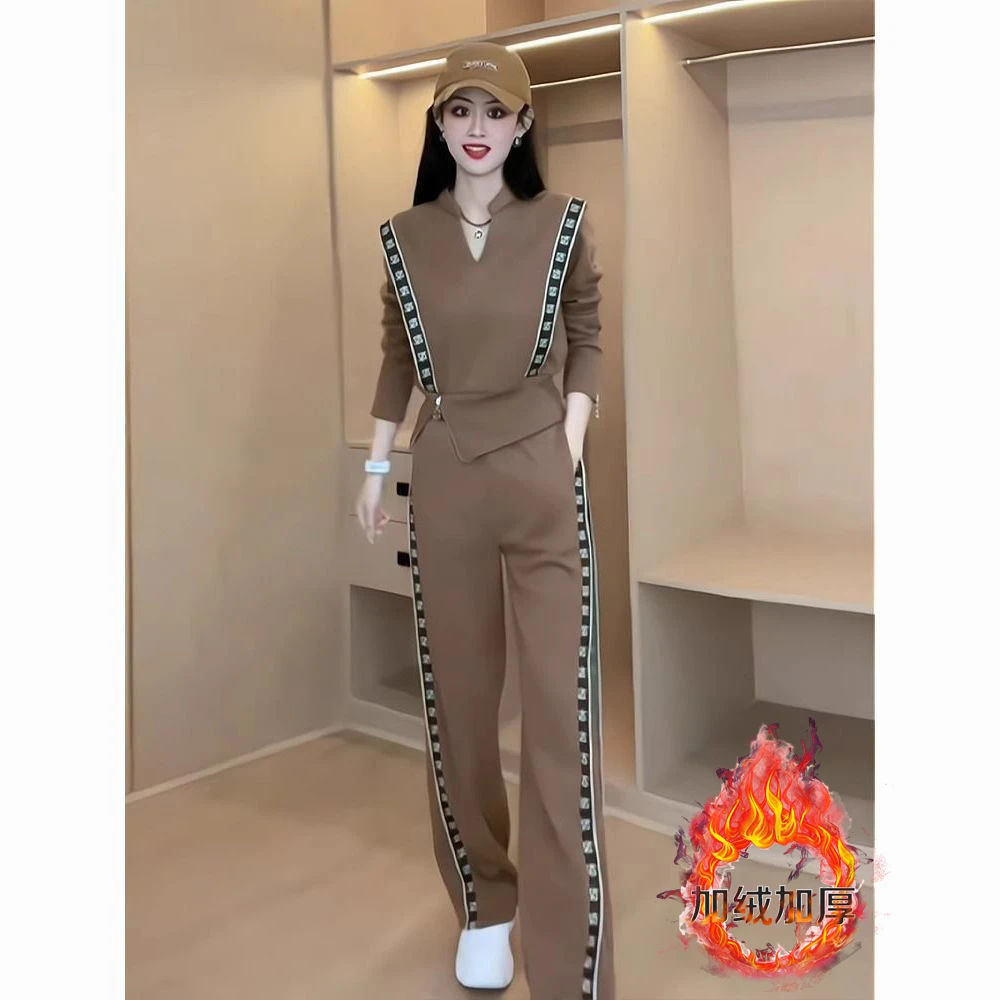 休闲运动套装女秋冬2024新款时尚洋气设计感高档加绒阔腿裤两件套