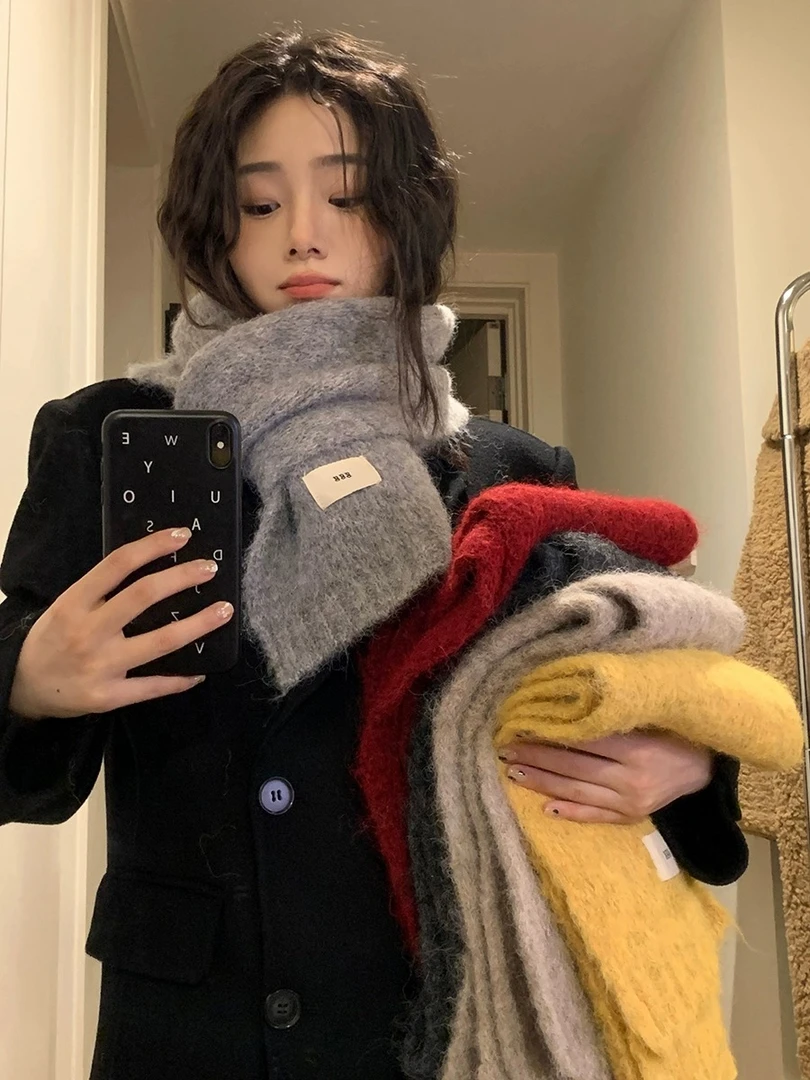 蜗牛爬爬家围巾冬季女纯色显白针织毛线保暖加厚学生围脖潮