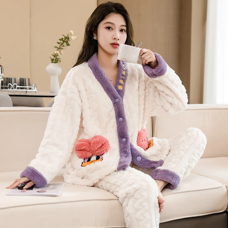 9815睡衣女套装秋冬可外穿保暖加绒加厚甜美家居服套装长款家居服