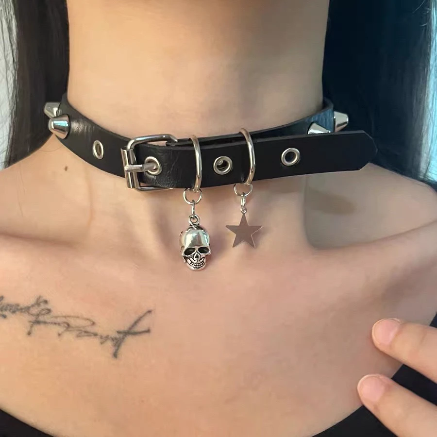 铜合金皮质项链 暗黑朋克摇滚y2k辣妹五角星骷髅项链choker项圈