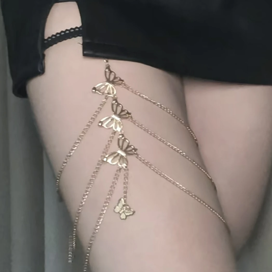 合金布艺脚链 蝴蝶腿链女多层金色夸张性感蕾丝弹力甜酷脚链