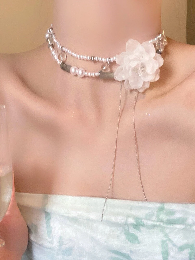 合金仿珍珠项链 复古白山茶花choker项链女ins双层锁骨链花瓣配饰