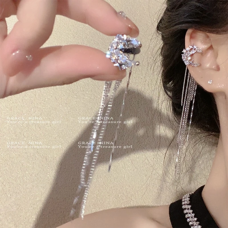 铜合金合成锆石耳饰 流苏耳夹女无耳洞耳骨夹耳环小众轻奢耳饰潮