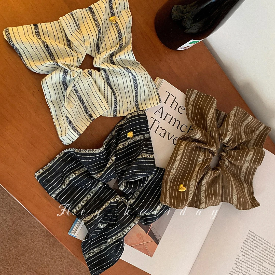 韩国博主同款复古条纹方形发圈大肠圈小众布艺百搭雅丹风发箍发饰